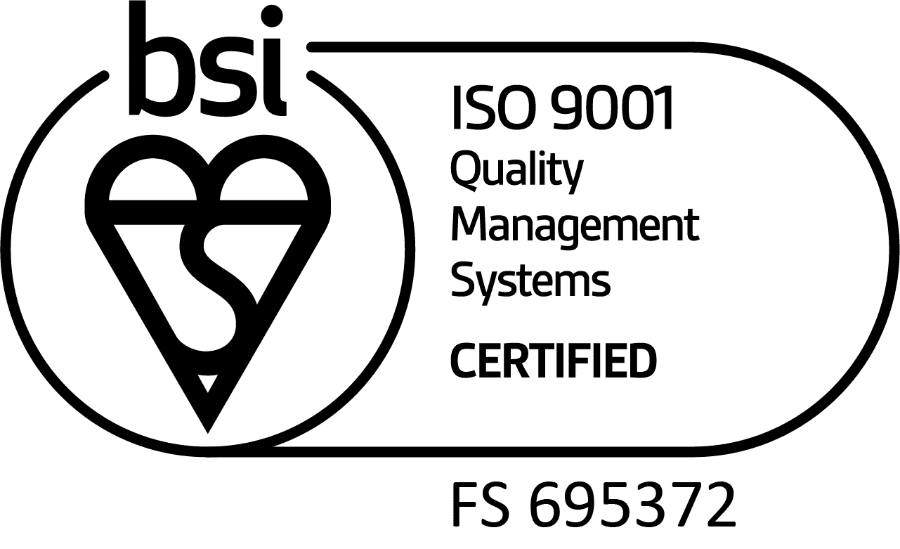 ISO-9001 Quality Management Systems certification mark from BSI (certification number FS 695372)