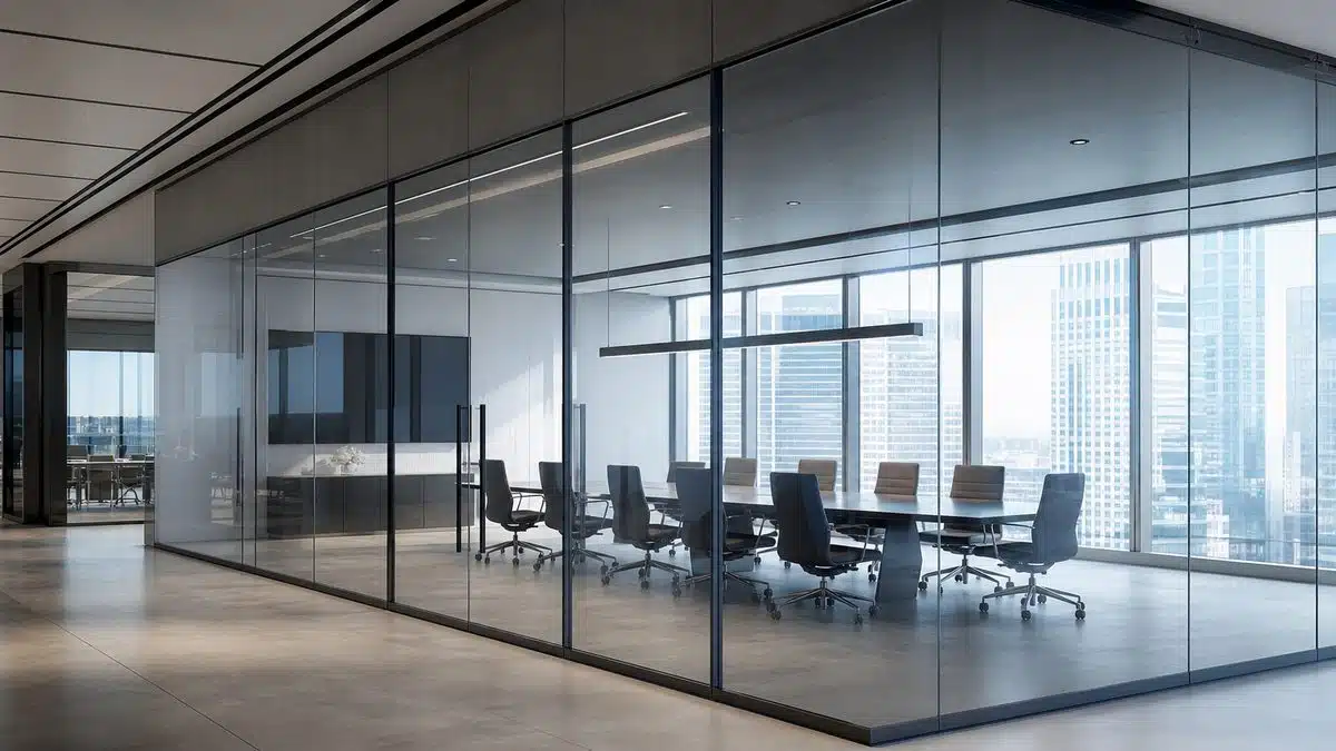Switchable privacy glass partition in a corporate interior