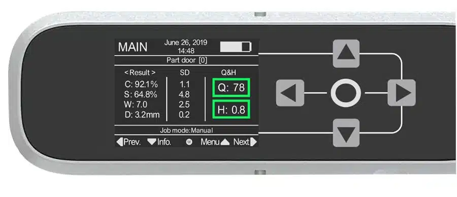 Rhopoint TAMS instrument screen displaying a Quality value and a Harmony value.